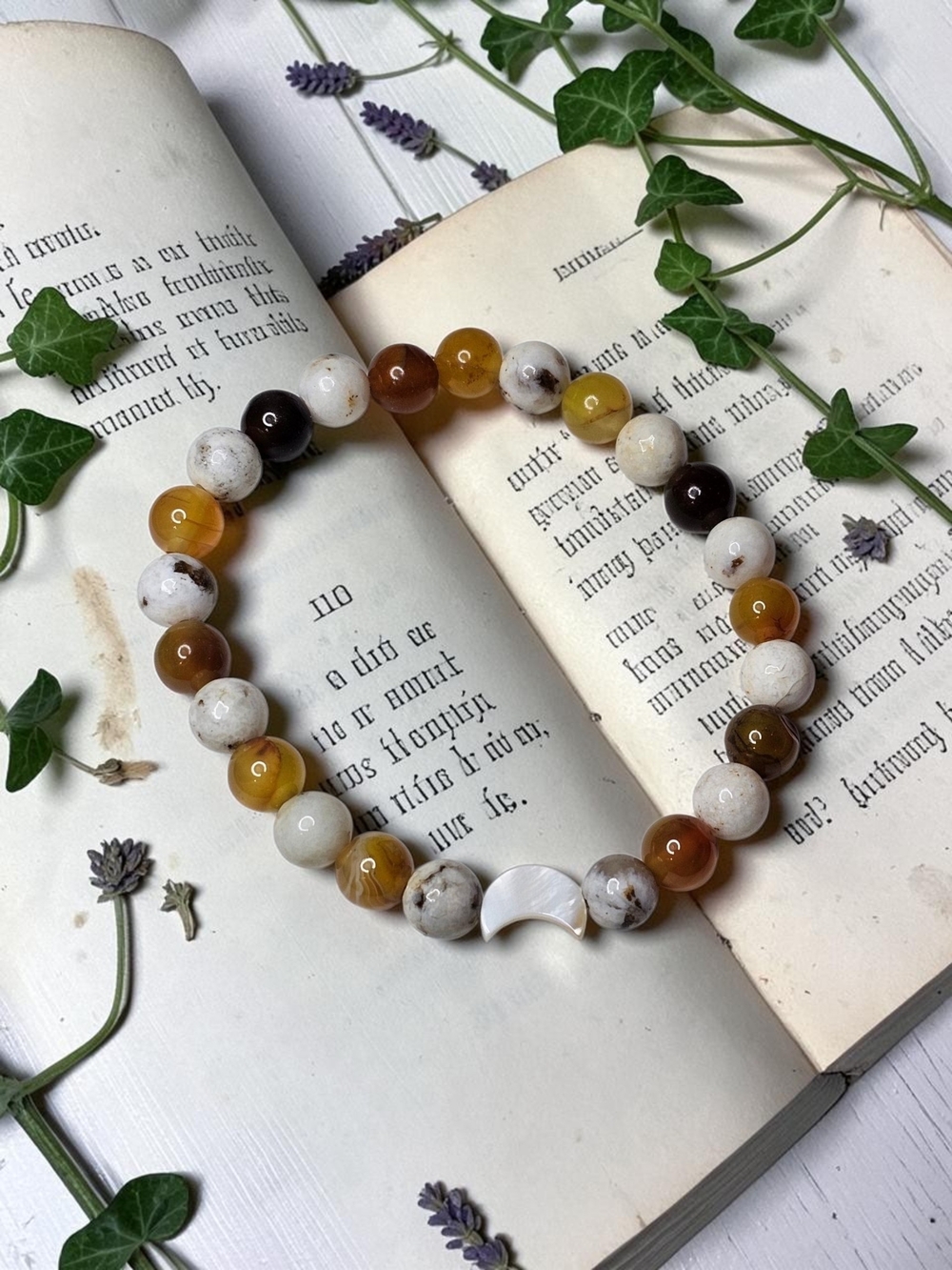Multicolor Agate Bead Bracelet with White Crescent Accent